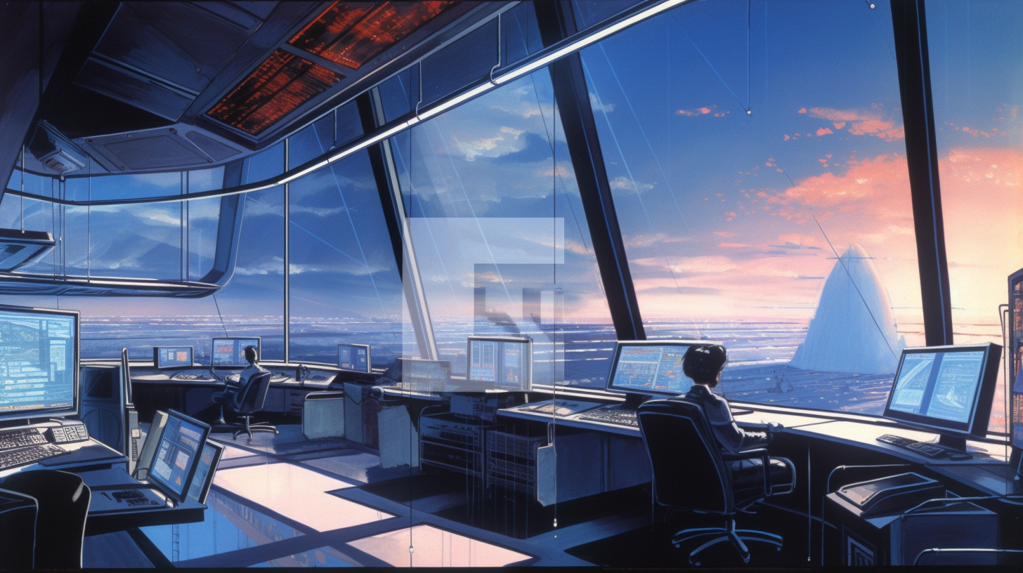 Futuristic office with spacescape backdrop