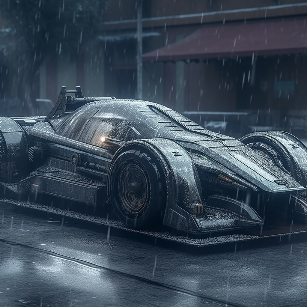 Metallic gray futuristic race car in snowstorm