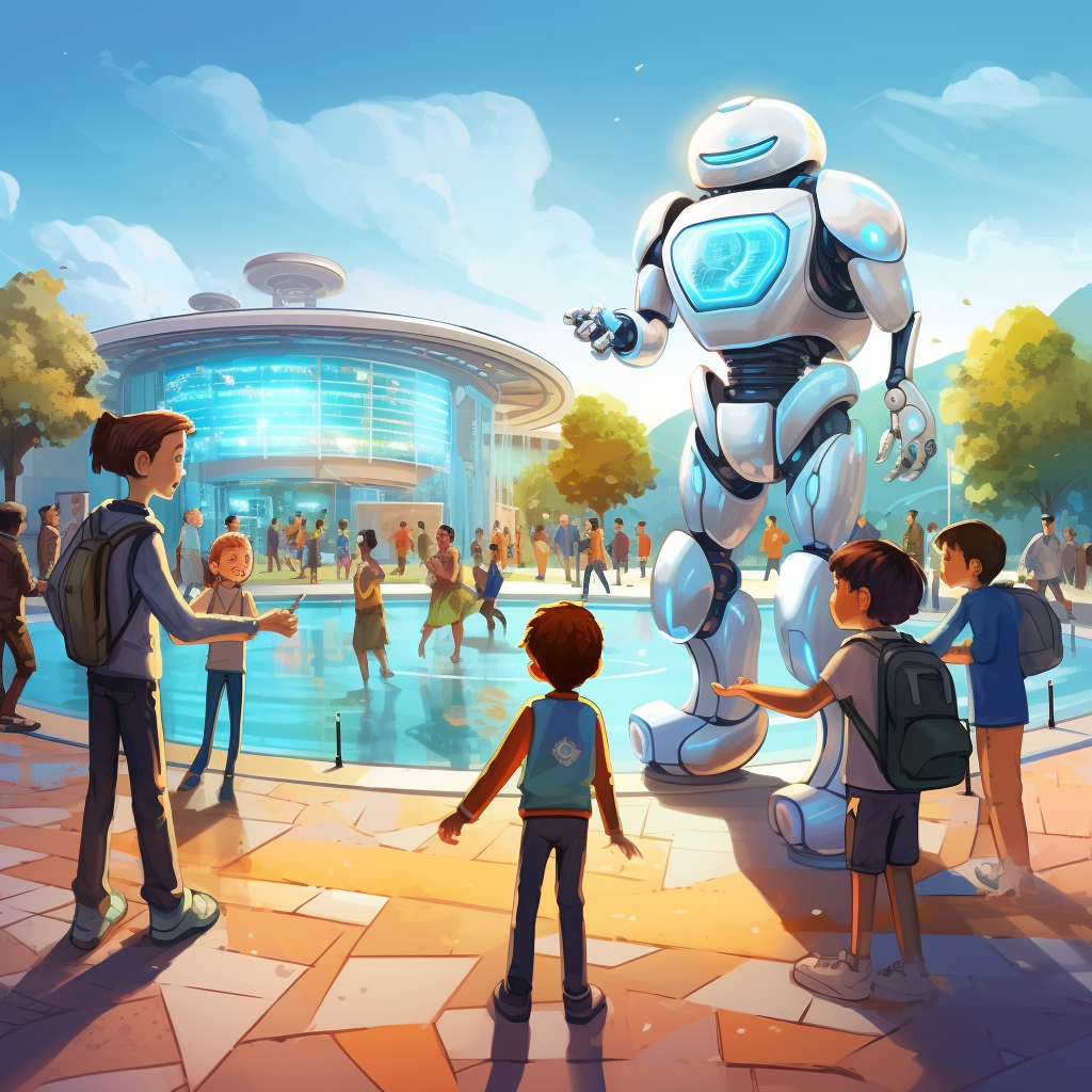 Futuristic robot and human characters interacting