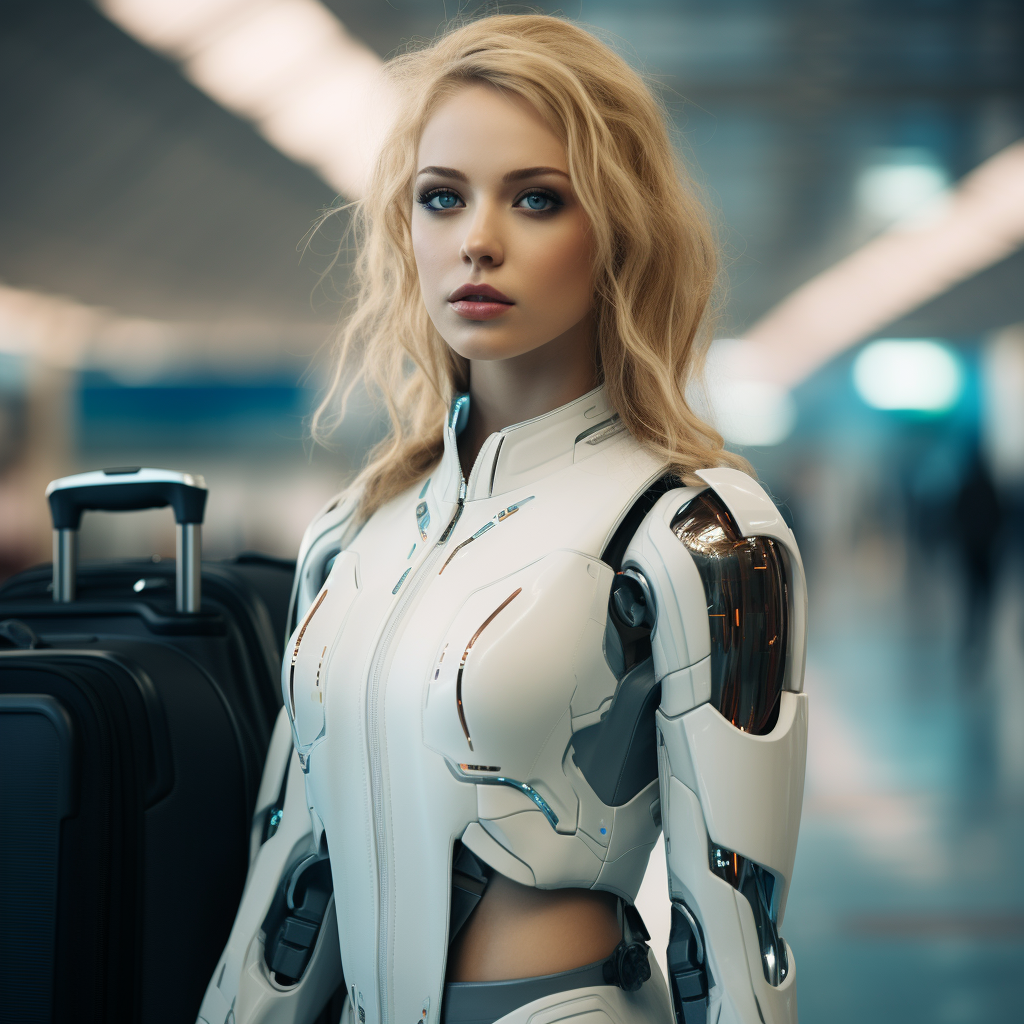 Beautiful female robot worker in airport with bags