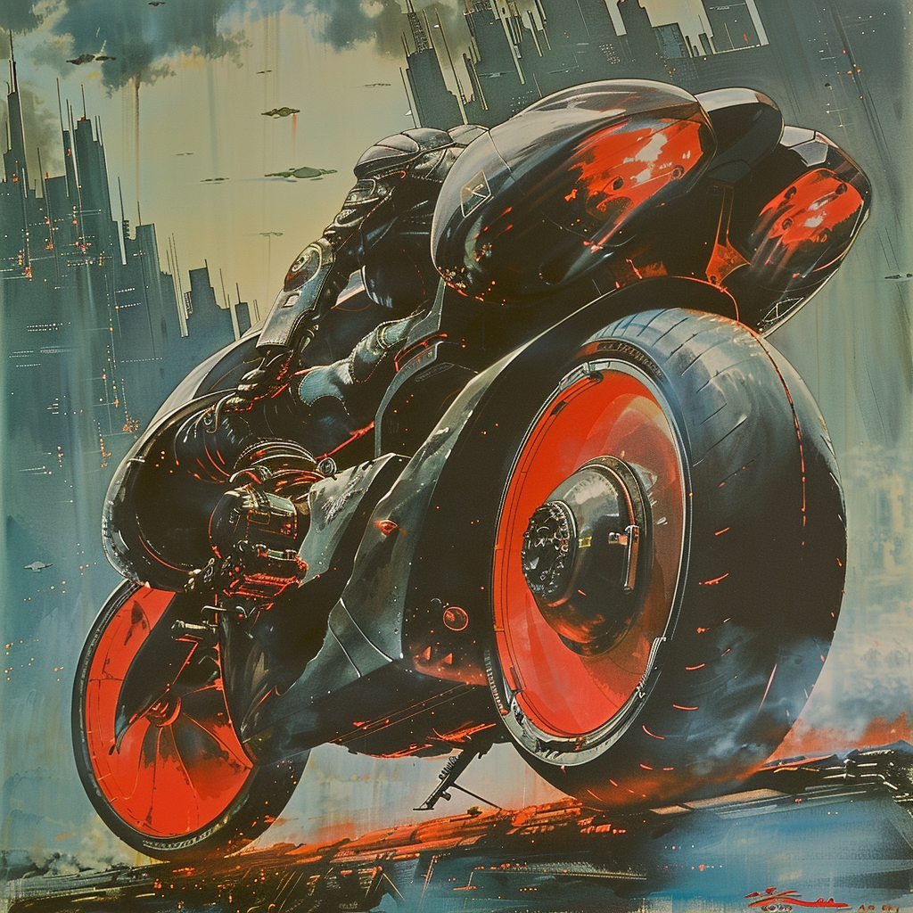 Seinen brutal anime style motorcycle world