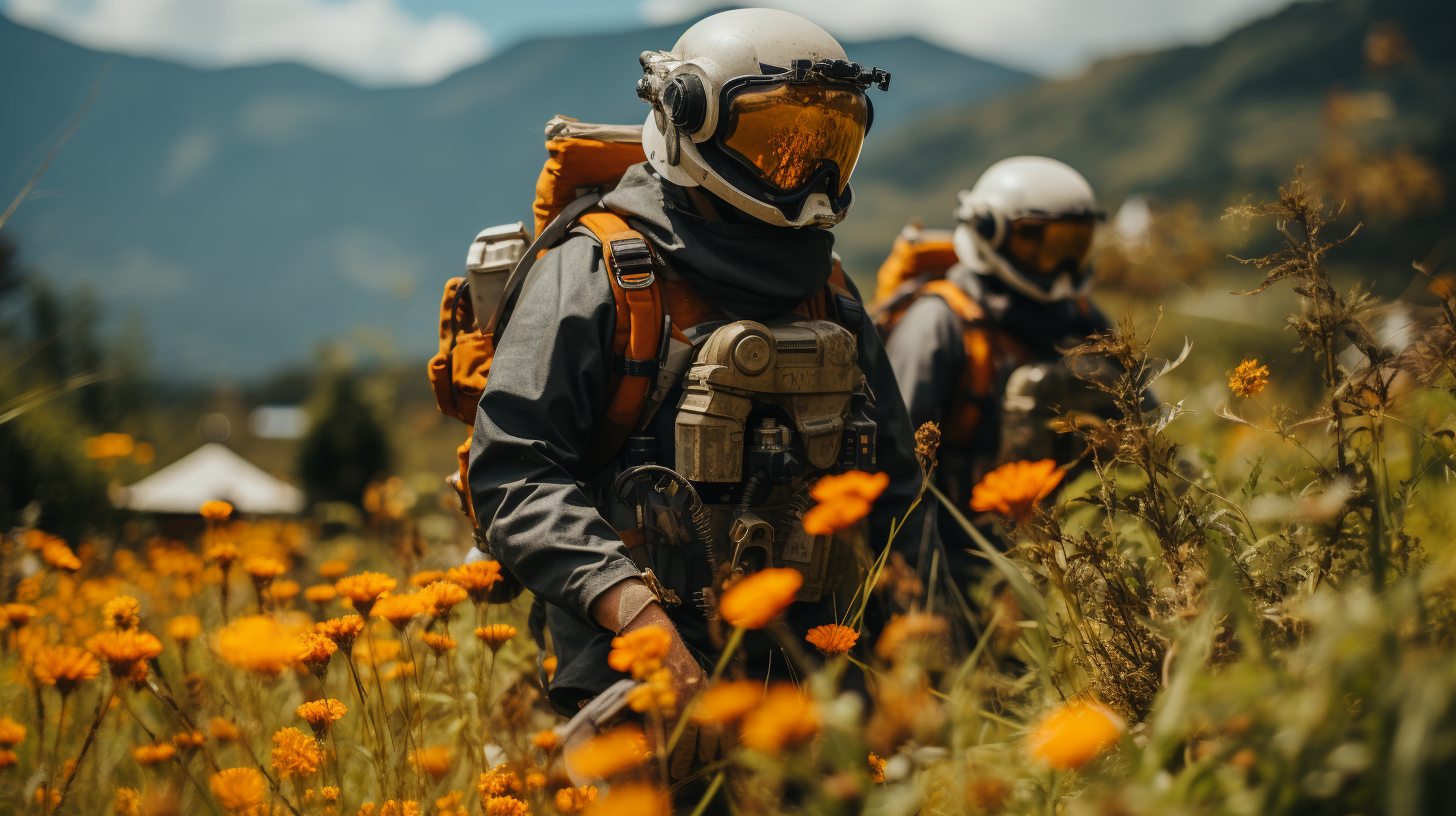 Group in Spacesuits Observing Alien Planet