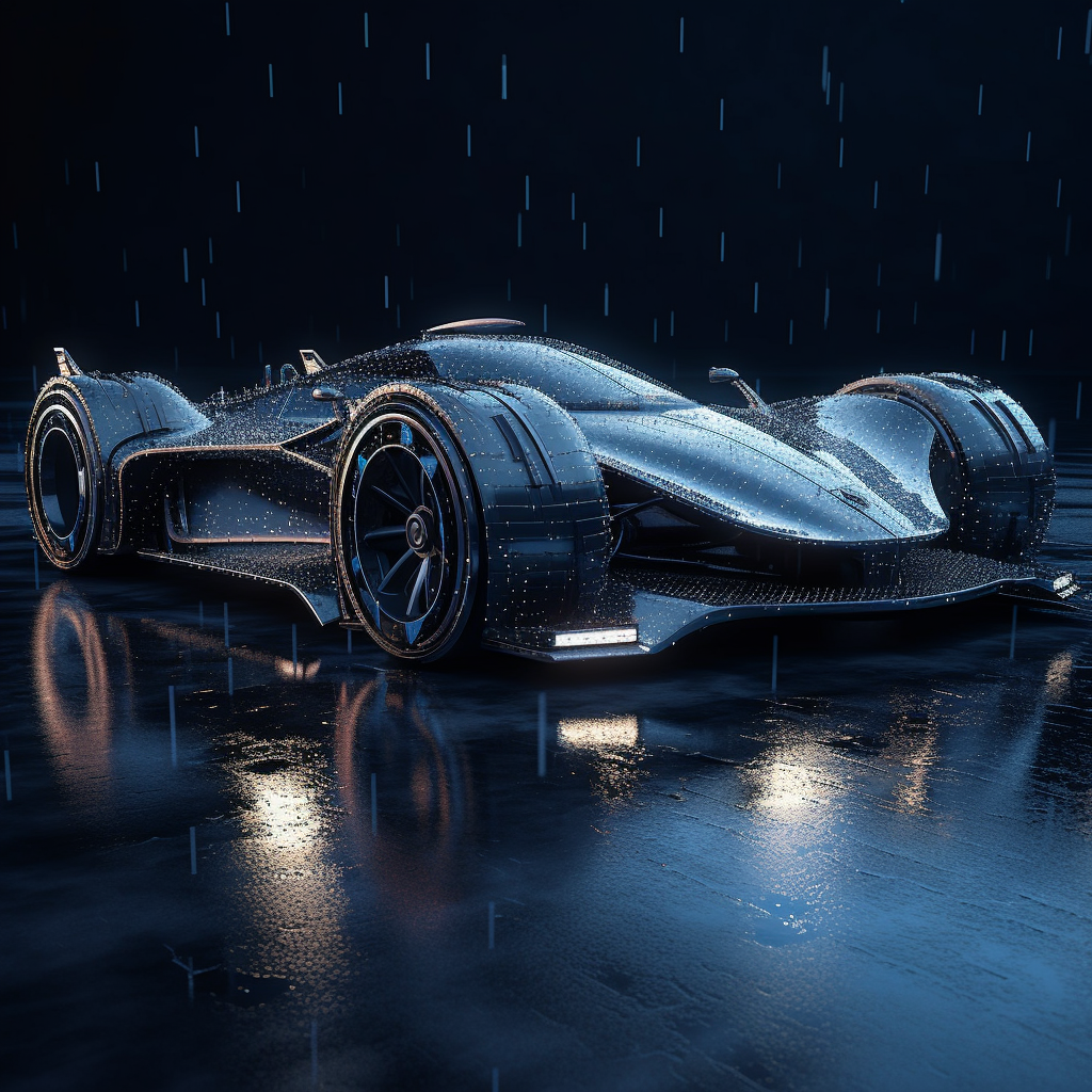 Futuristic super race car on wet race track