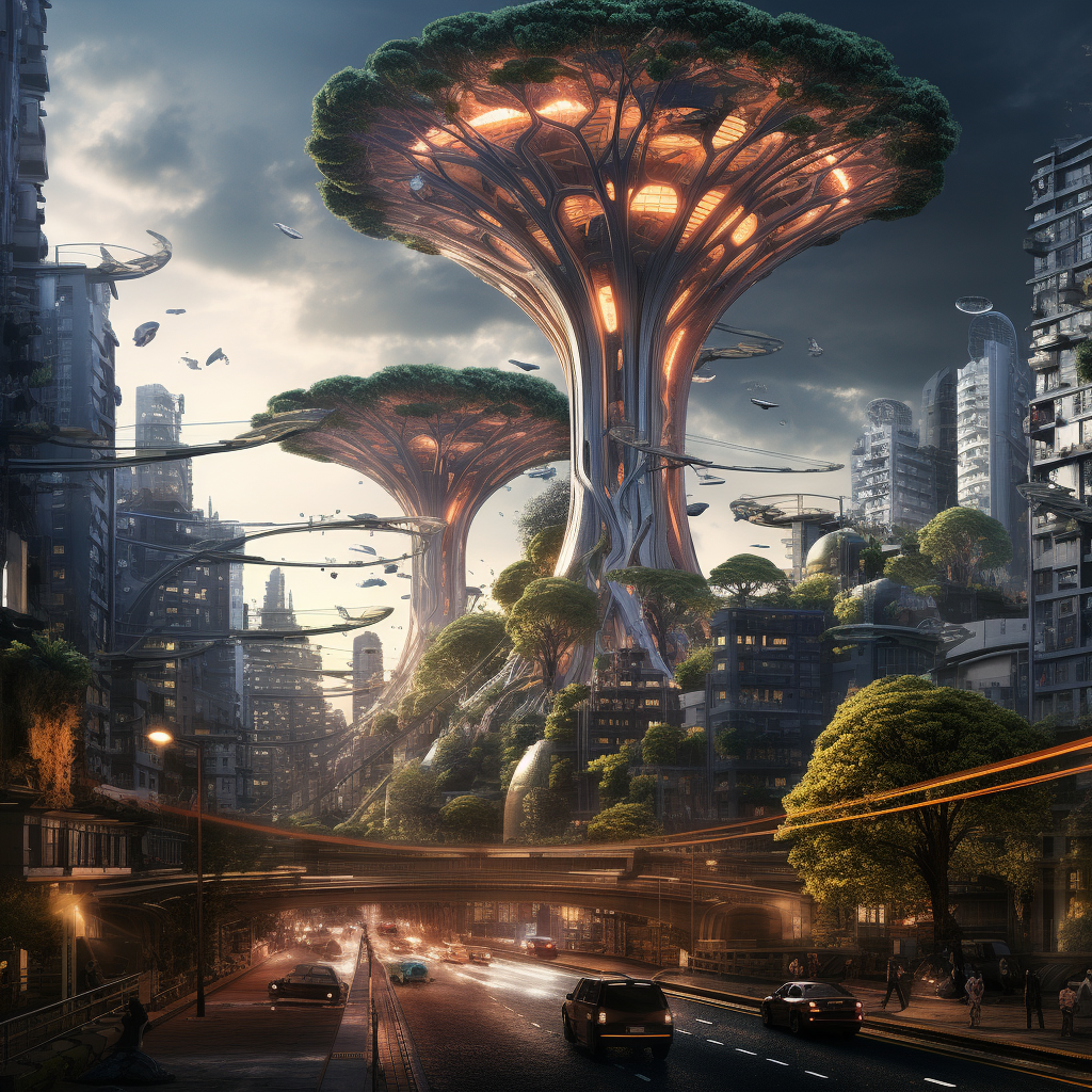 Techno-megacity with ancient tree roots and chaga mushrooms