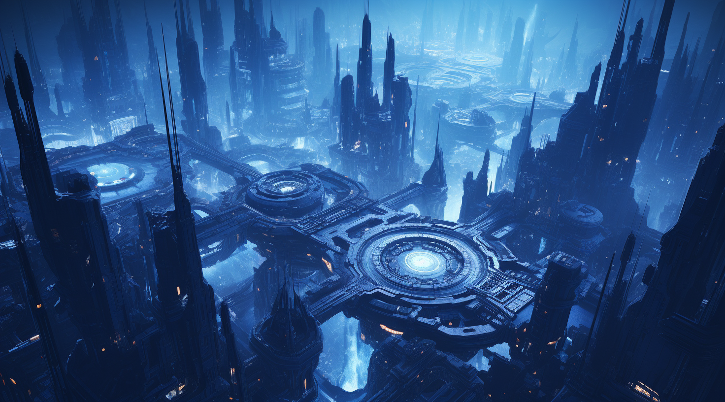 Top-down view of futuristic city at twilight