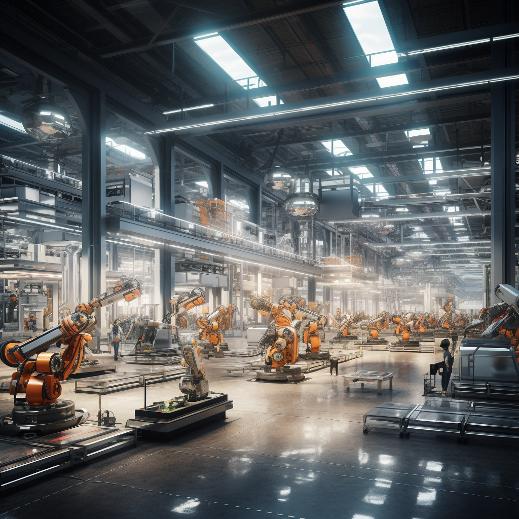 Robots moving steel beams in futuristic warehouse