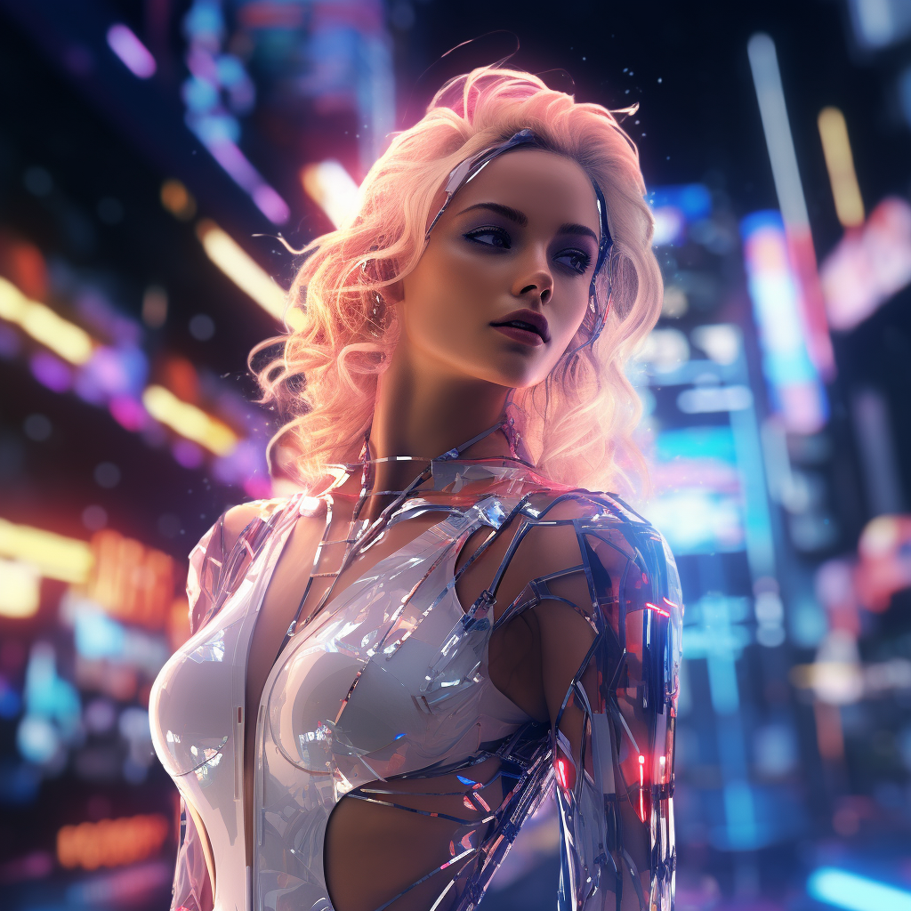 Futuristic woman in dynamic neon-lit environment