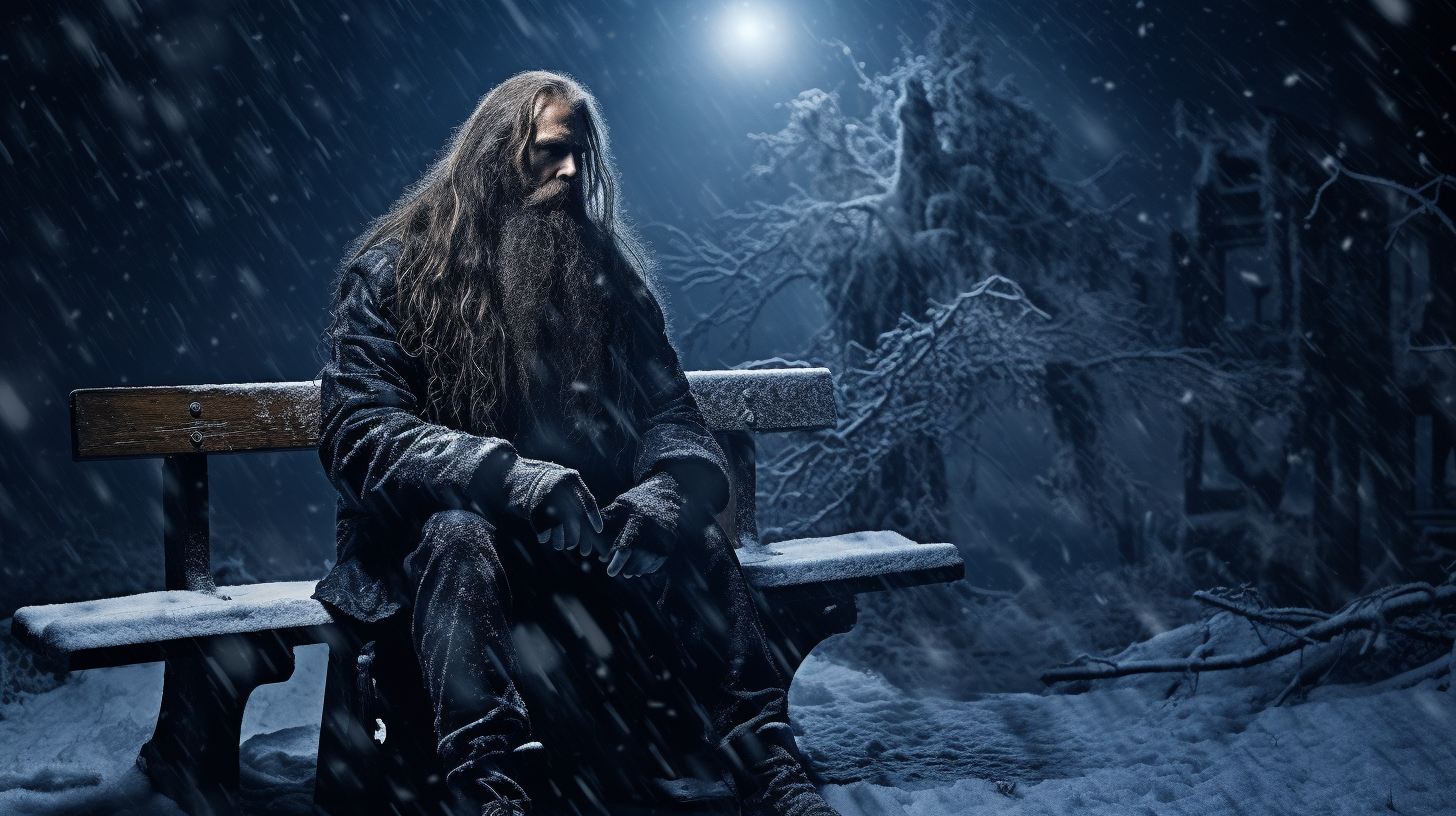 Gaahl sitting on bench in a forest