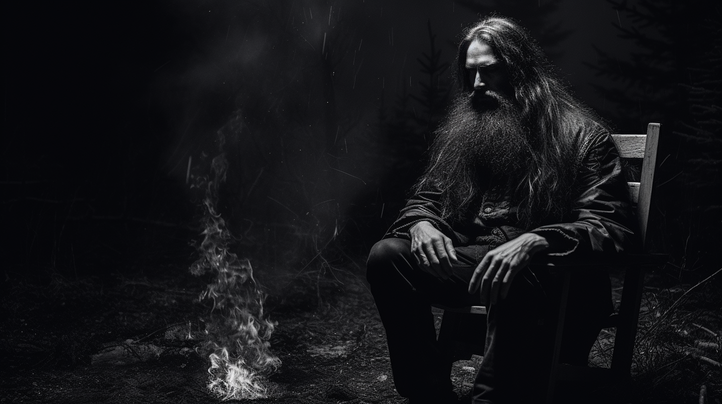 Gaahl sitting on a bench, smoking and observing the universe