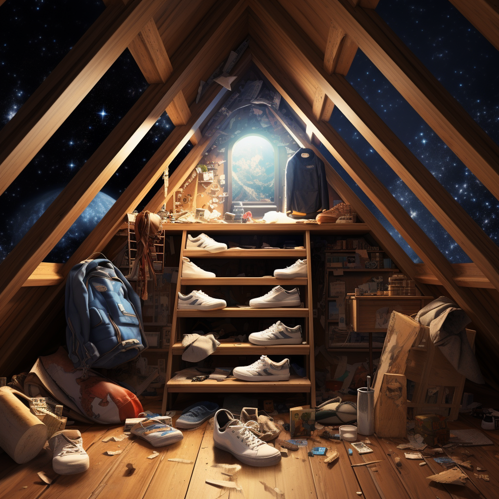 Sneakers inside attic in galaxy space