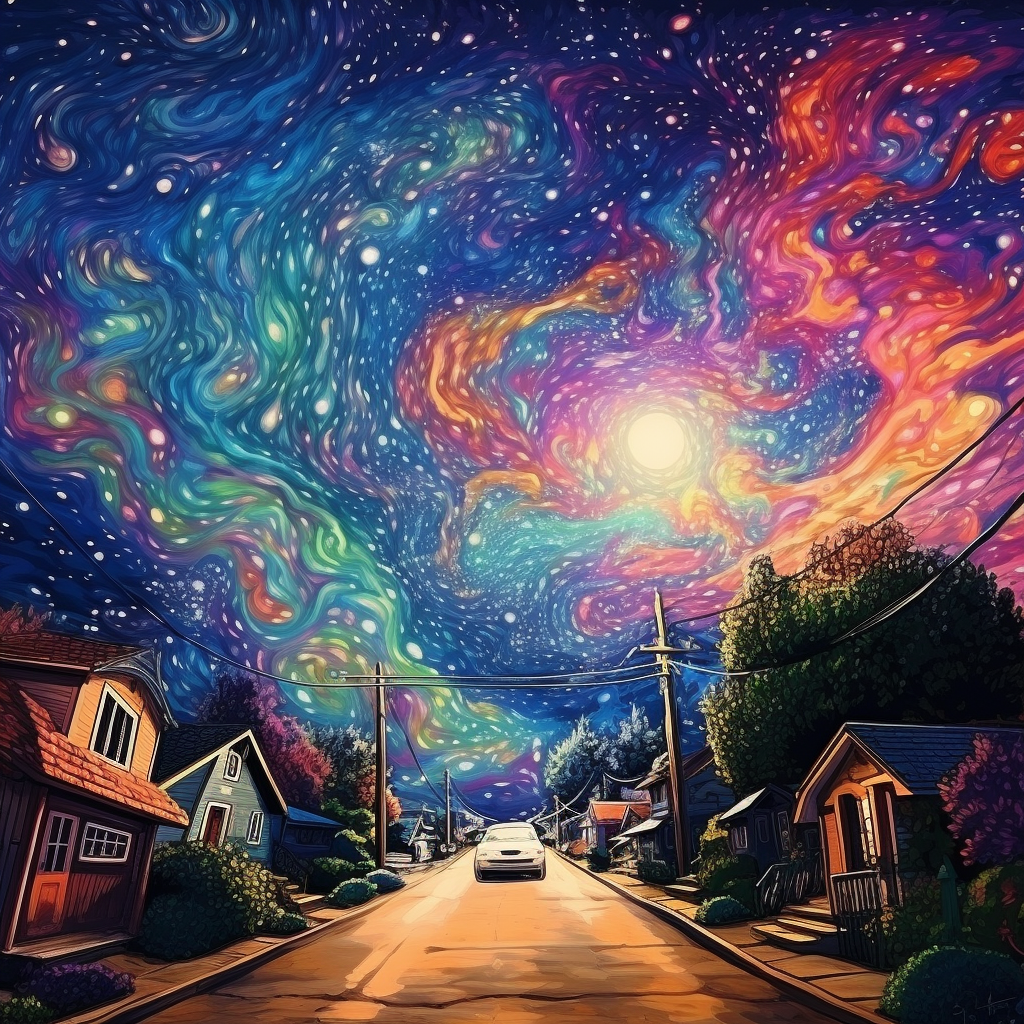 Psychedelic view of galaxy from suburban street