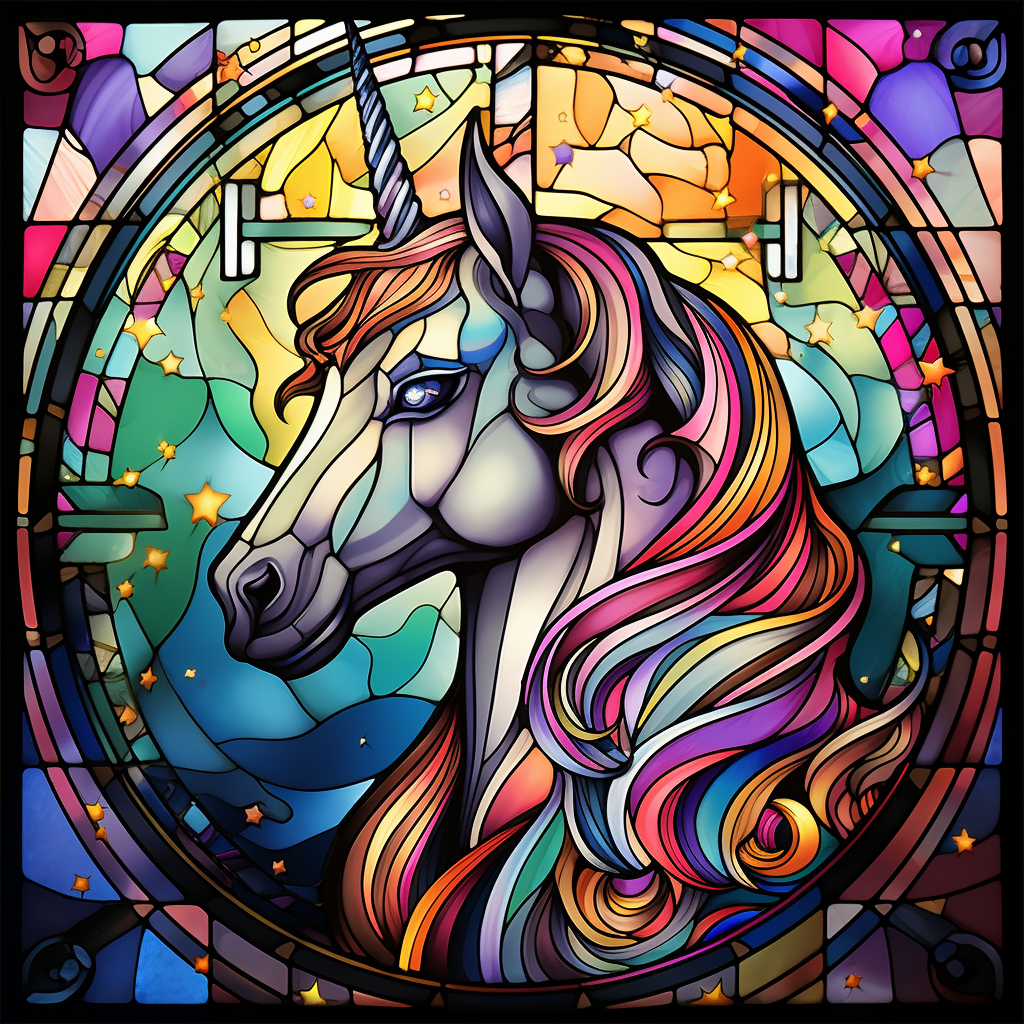 Colorful unicorn in galaxy stained glass