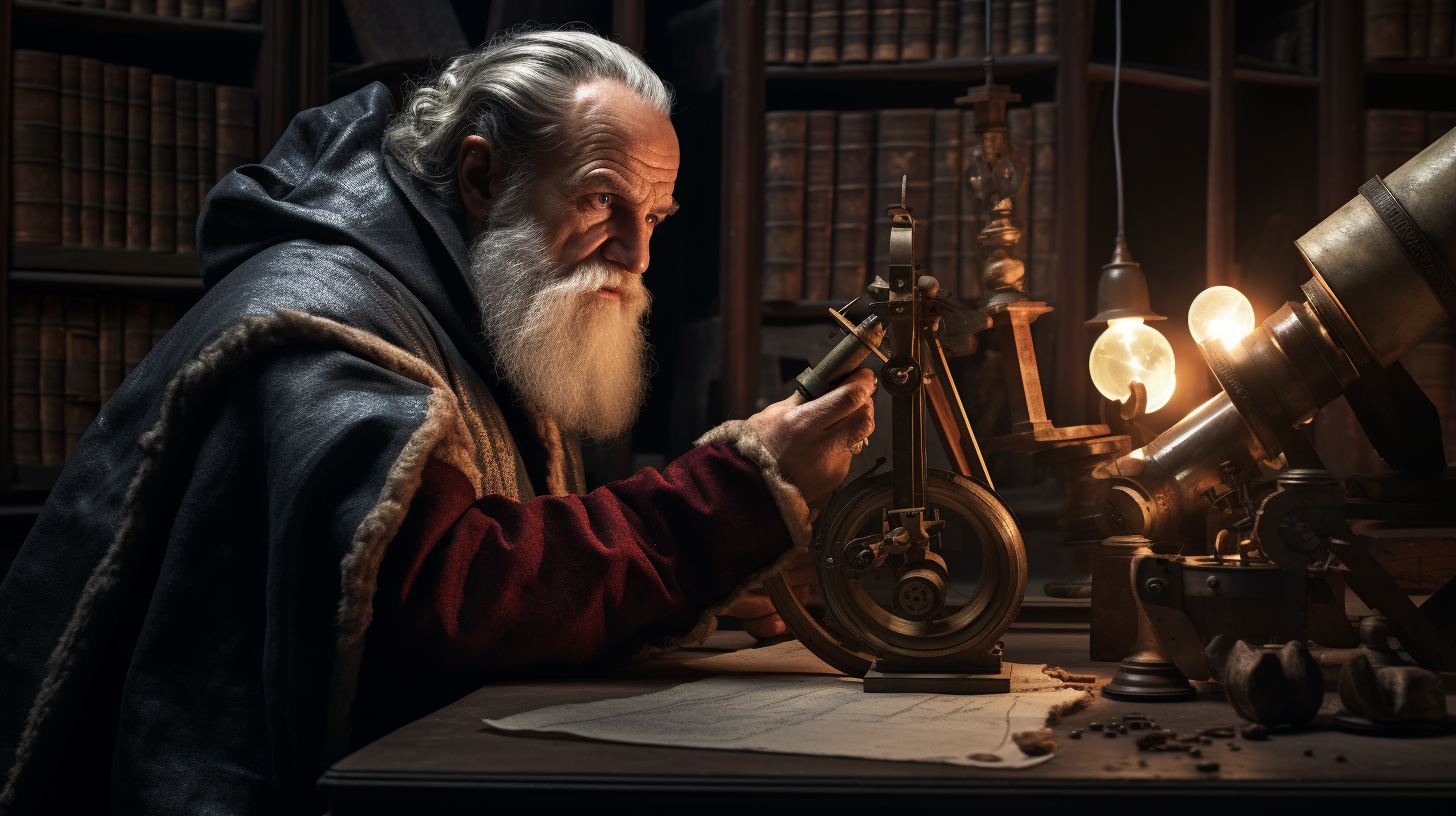 Galileo observing stars with sextant and telescope