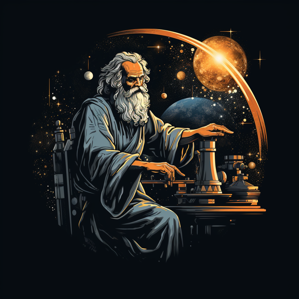 Galileo Galilei observing Jupiter's moons through his telescope