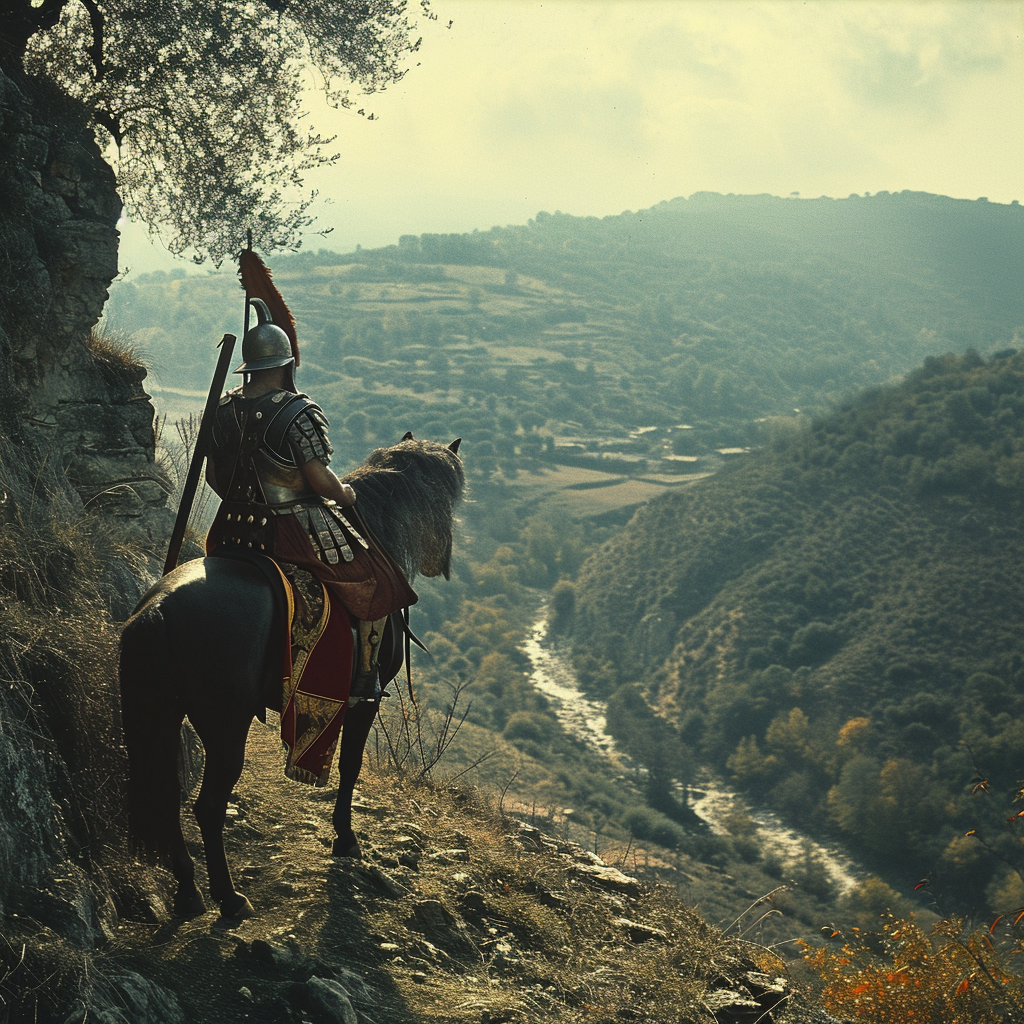 Roman Fighter on Horse overlooking Valley