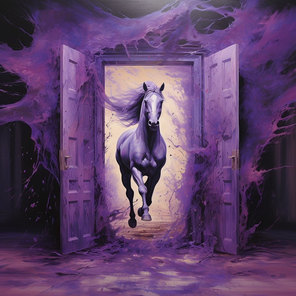 Horse galloping through a violet door