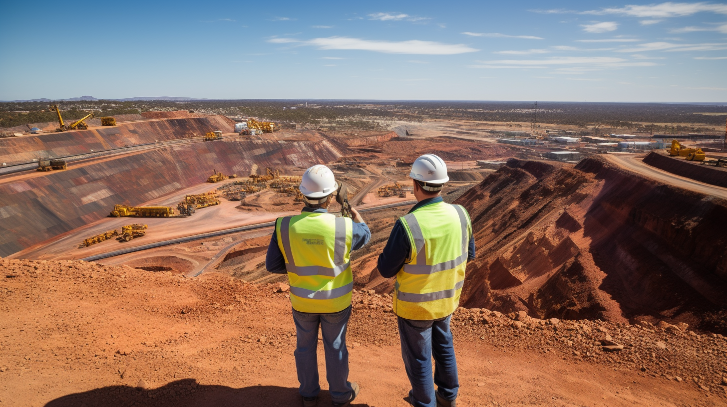 People pointing at yellow mining dump trucks