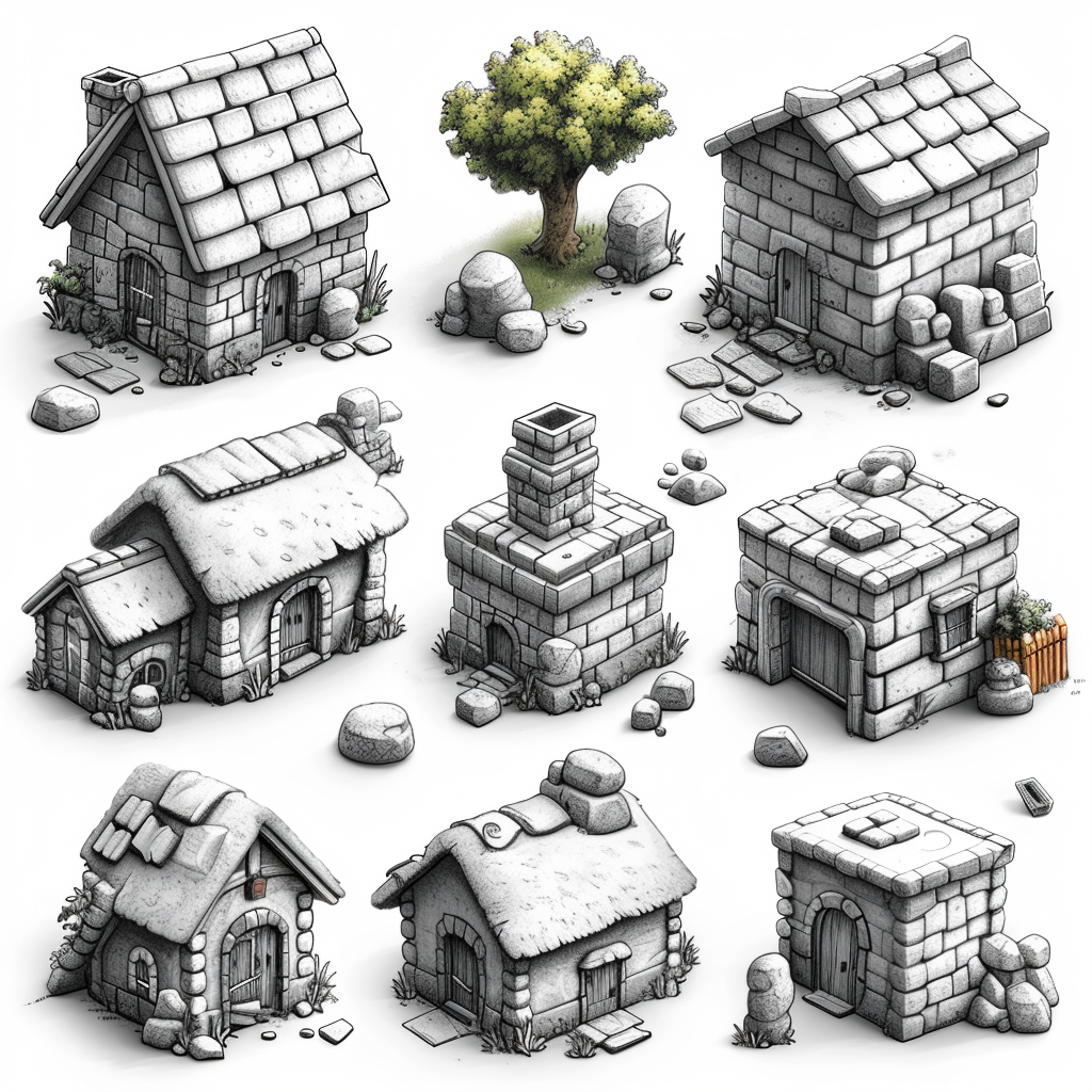 Game building line icons roof, wall, door, window assets