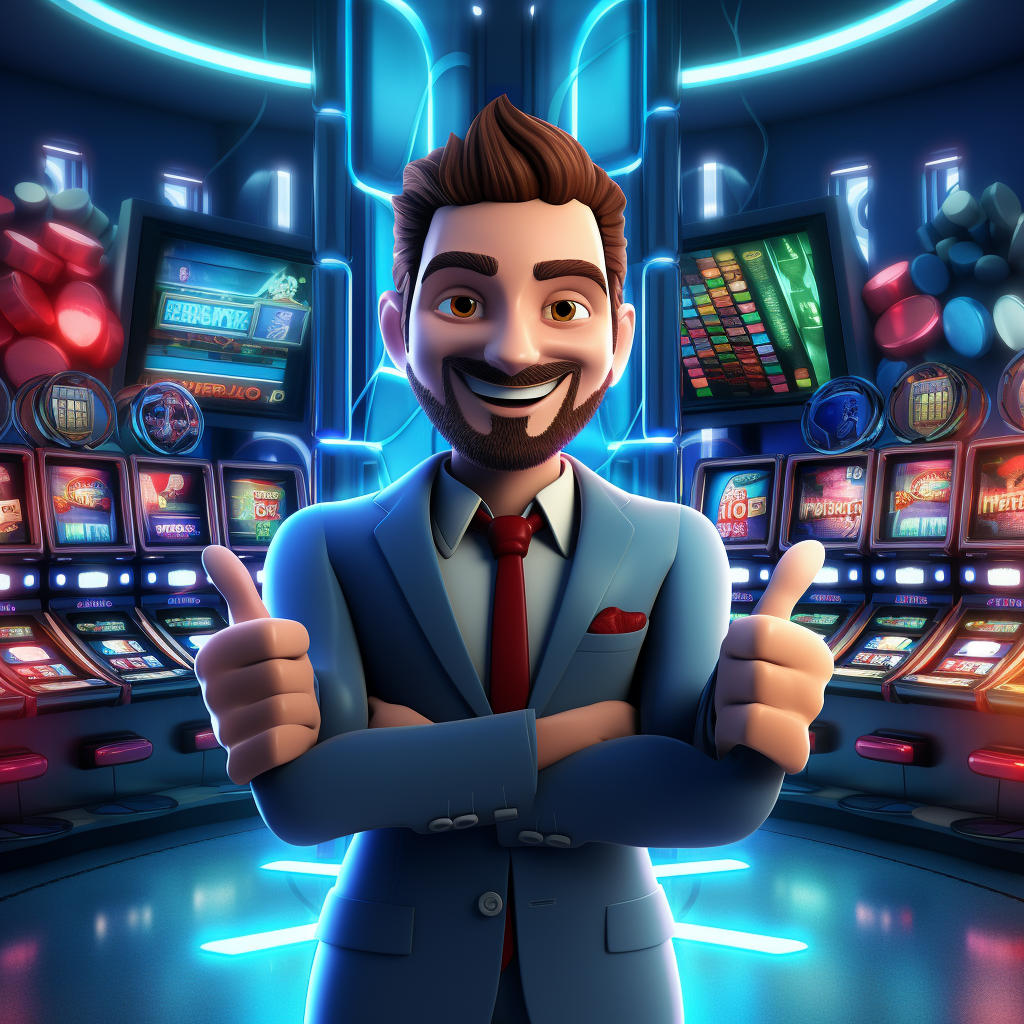 A 3D game character holding a gif on a slot casino background.