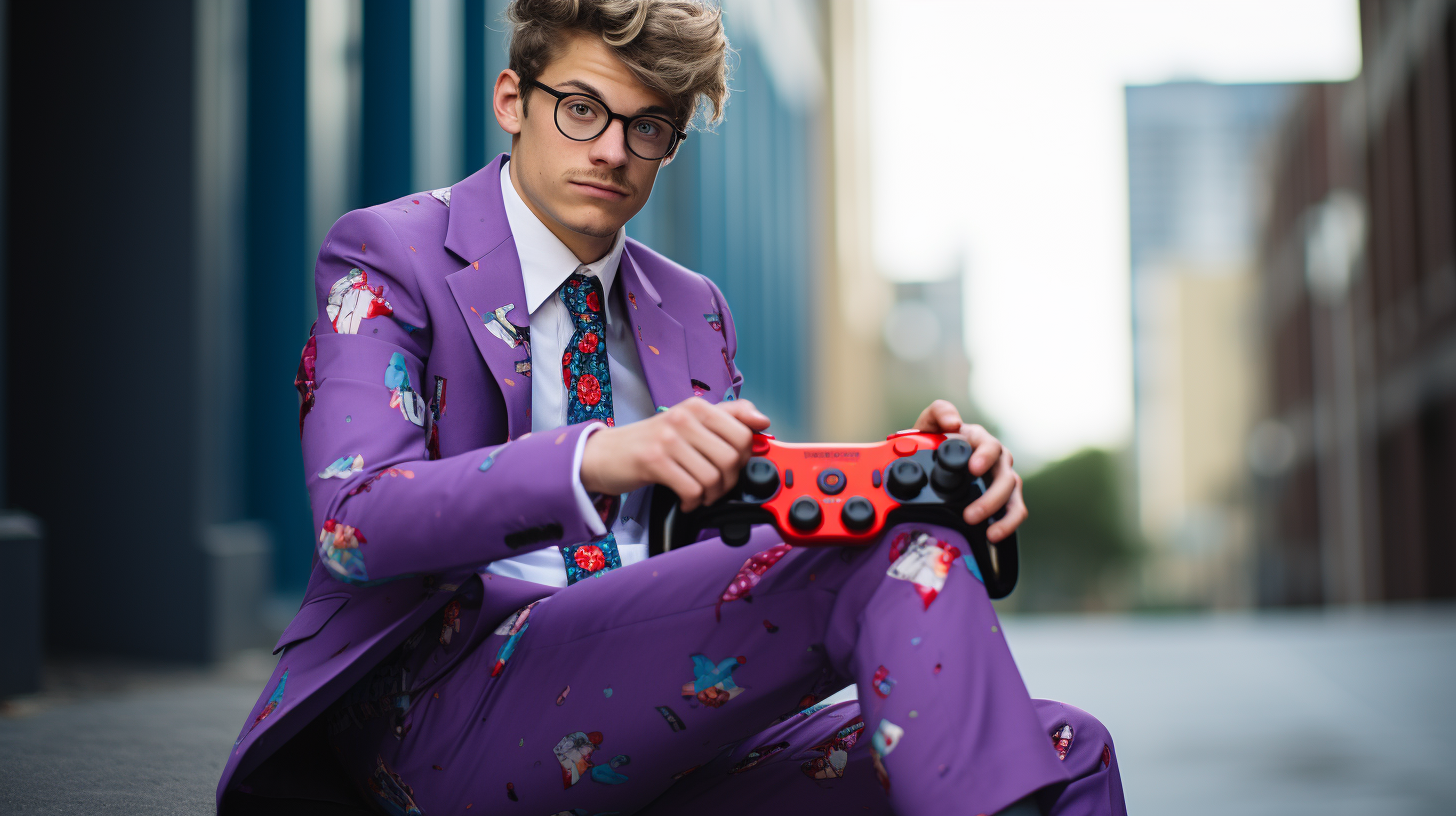 Tyler Blevins in game controller suit superhero city