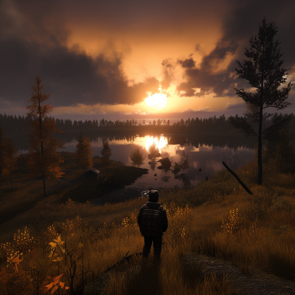 Beautiful sunset near lake in Dayz game