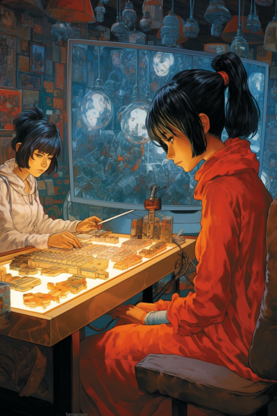 Illustration of girls in a futuristic game room