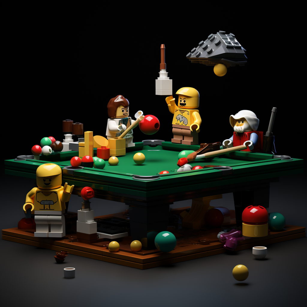 Game characters playing billiards on black background