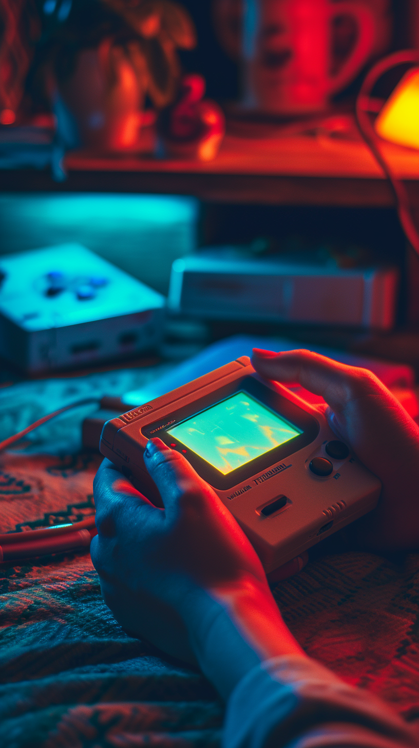 Hands Playing Gameboy, Screen Lighting Up