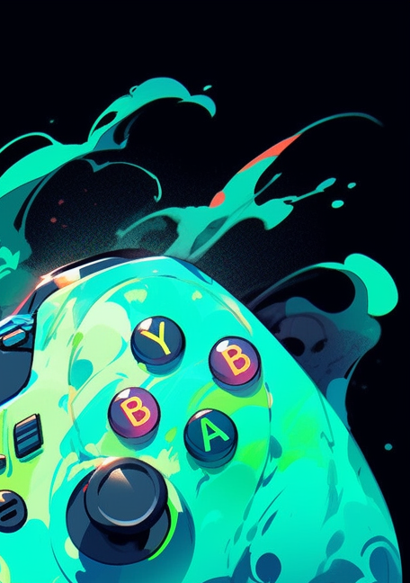 Detailed Gamepad Vector Drawing with Colorful Paint Splatters