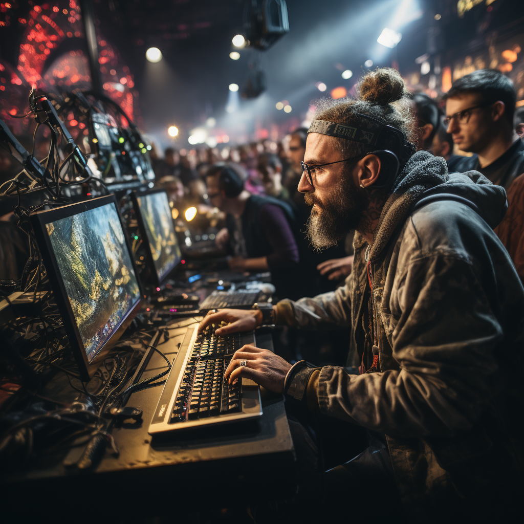 Gamer playing video games at punk band concert