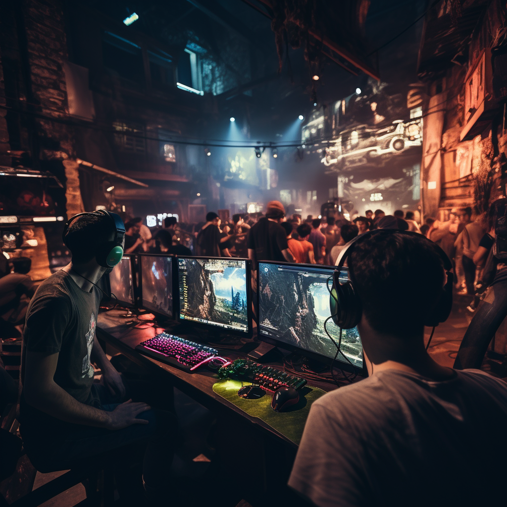 Gamers playing game with cheering fans