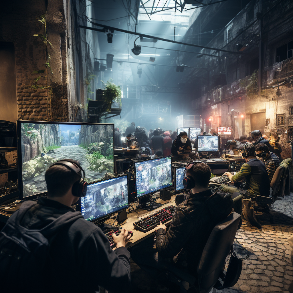 Group of gamers playing game on LAN