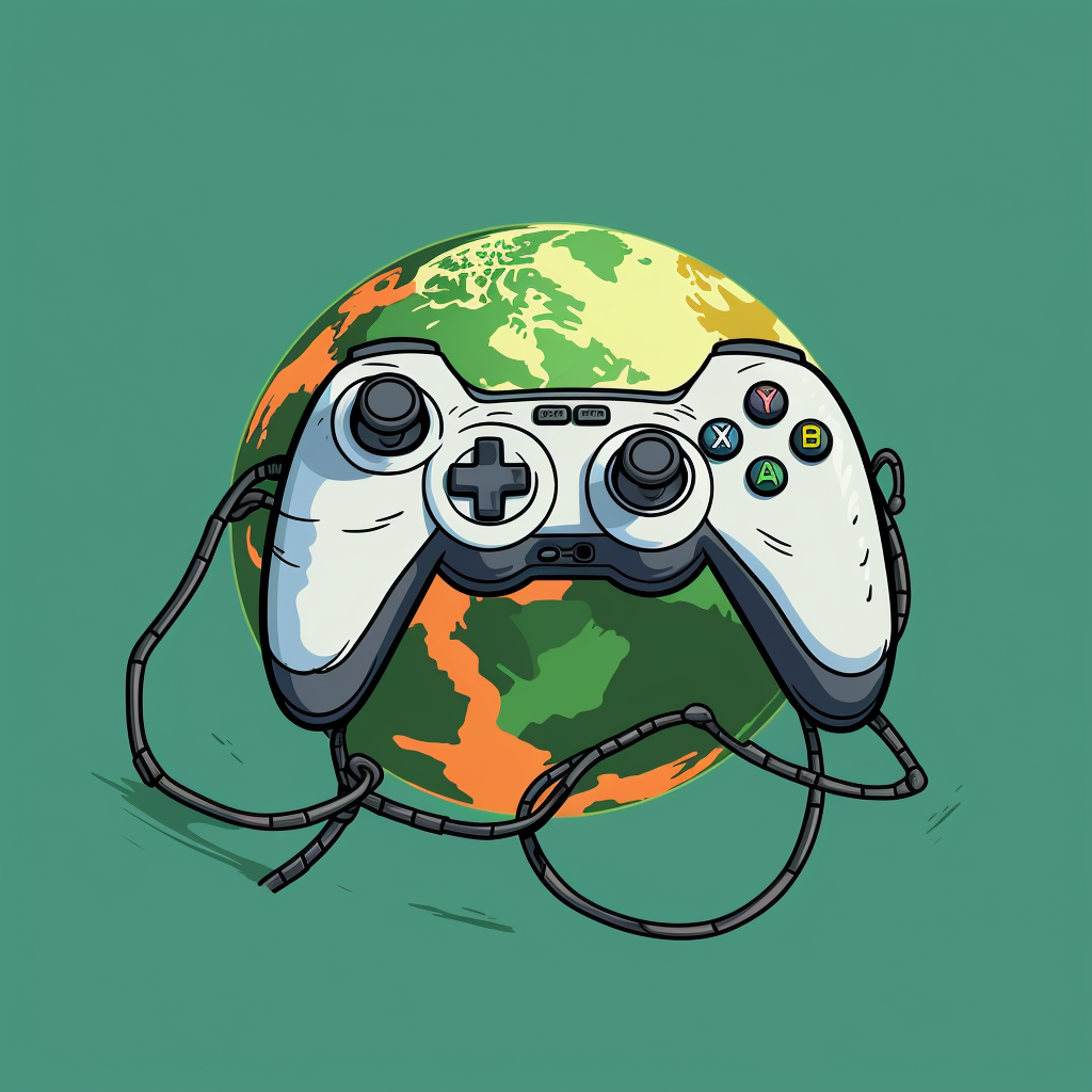 Simplistic cartoon gaming controller connected to Earth with wire