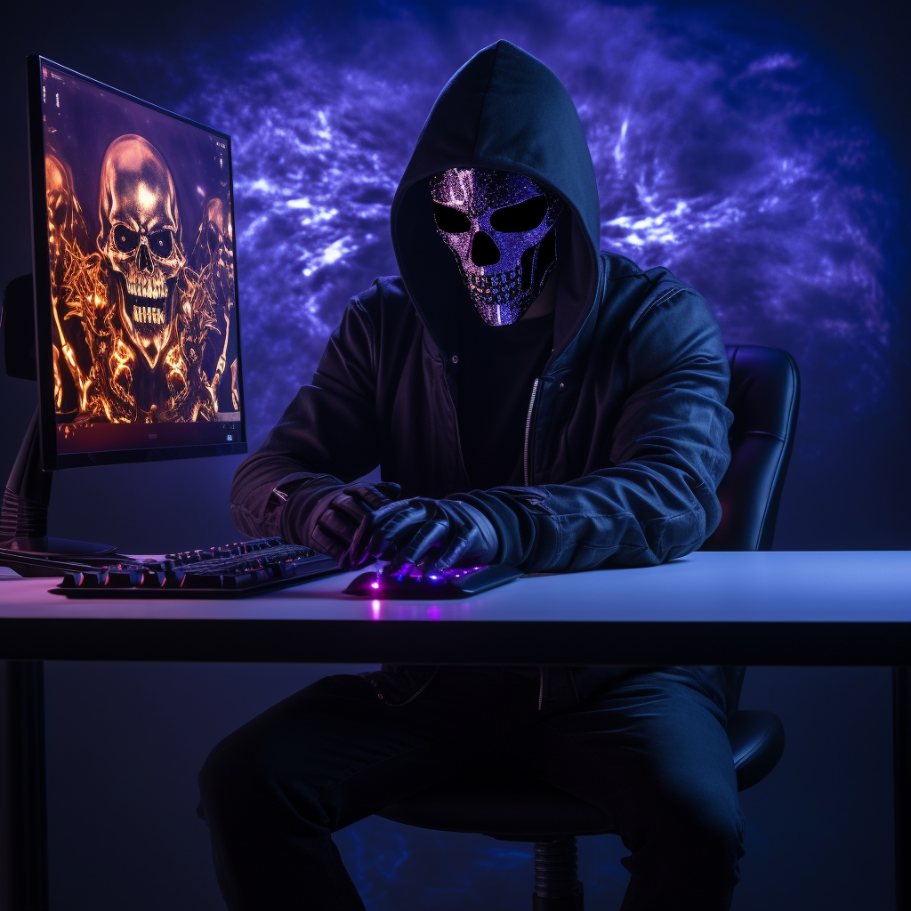 Man sitting at gaming desk with LED skeleton mask