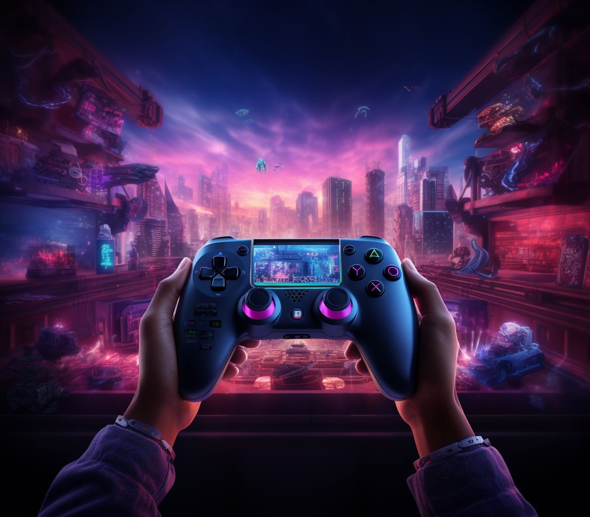 First-person gaming perspective with colorful lighting