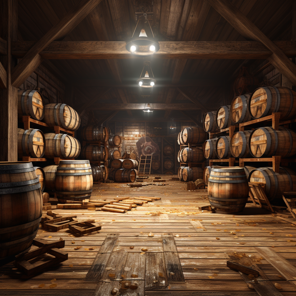 Wooden barrels in gaming MMO room