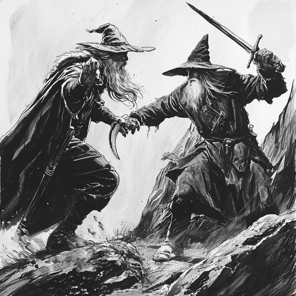 Gandalf battling Barlog in the dark fantasy realm