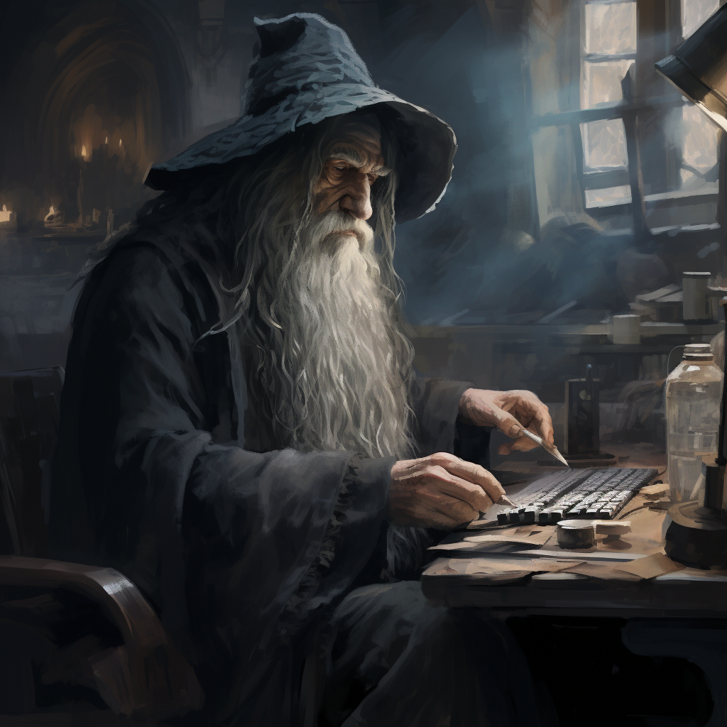 Gandalf sitting at computer smoking pipe