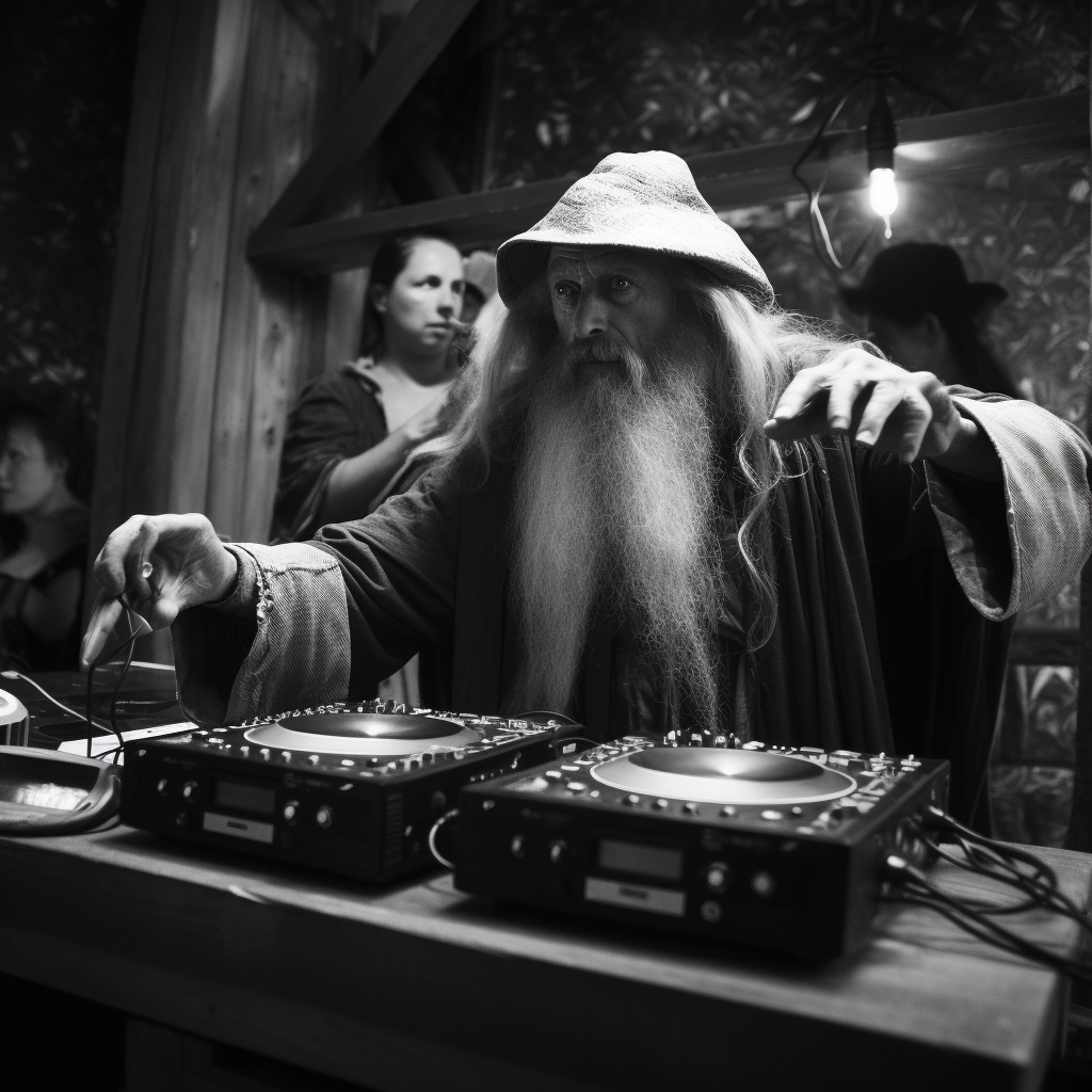 Gandalf DJing to orcs in black and white