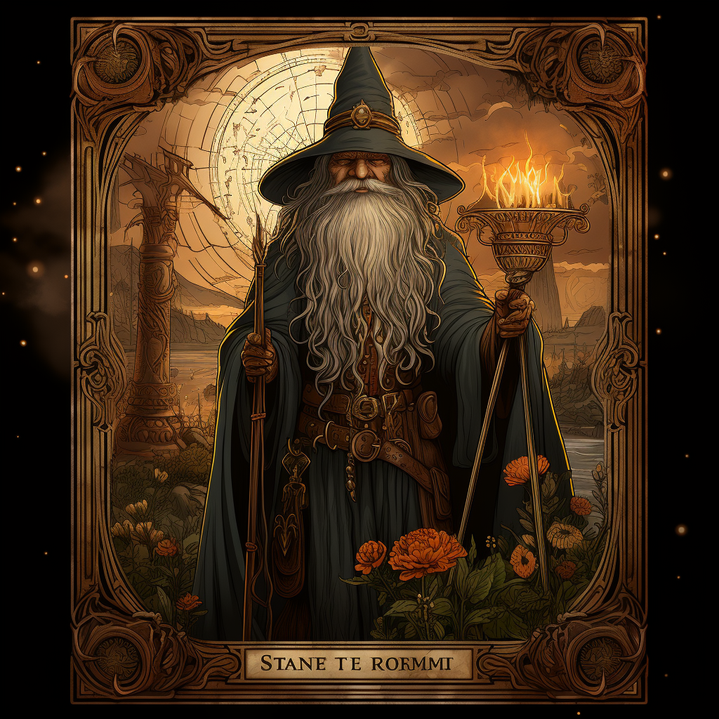 Vintage tarot card with Gandalf in mystic setting