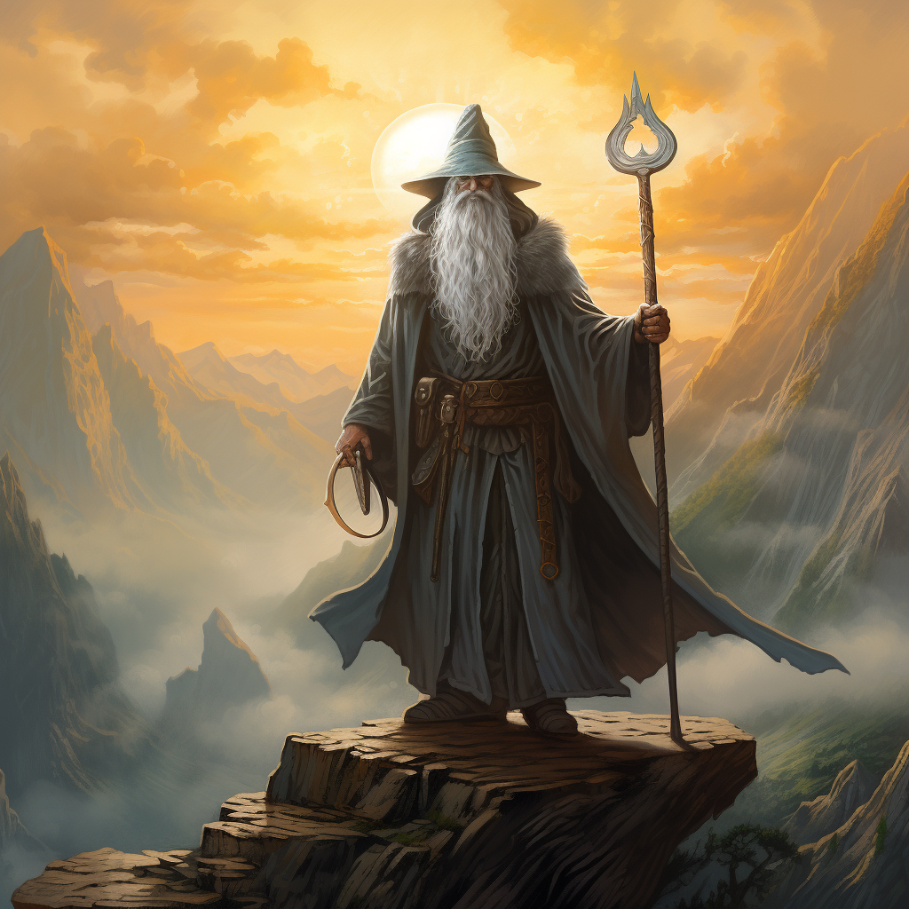 Gandalf the Gray descending from the mountain with the sun