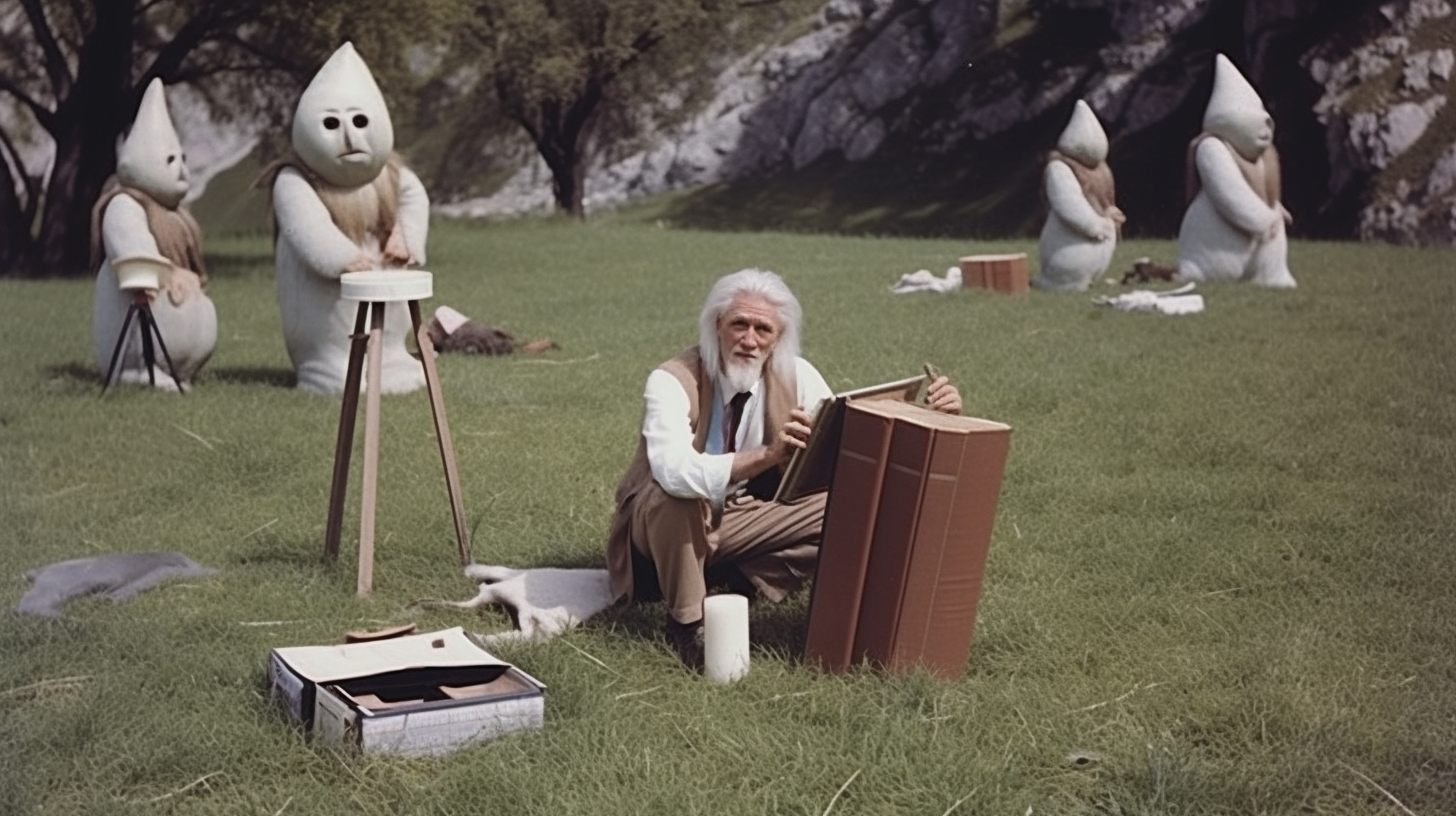 Gandalf teaching quantum physics with adventure pulp aesthetic