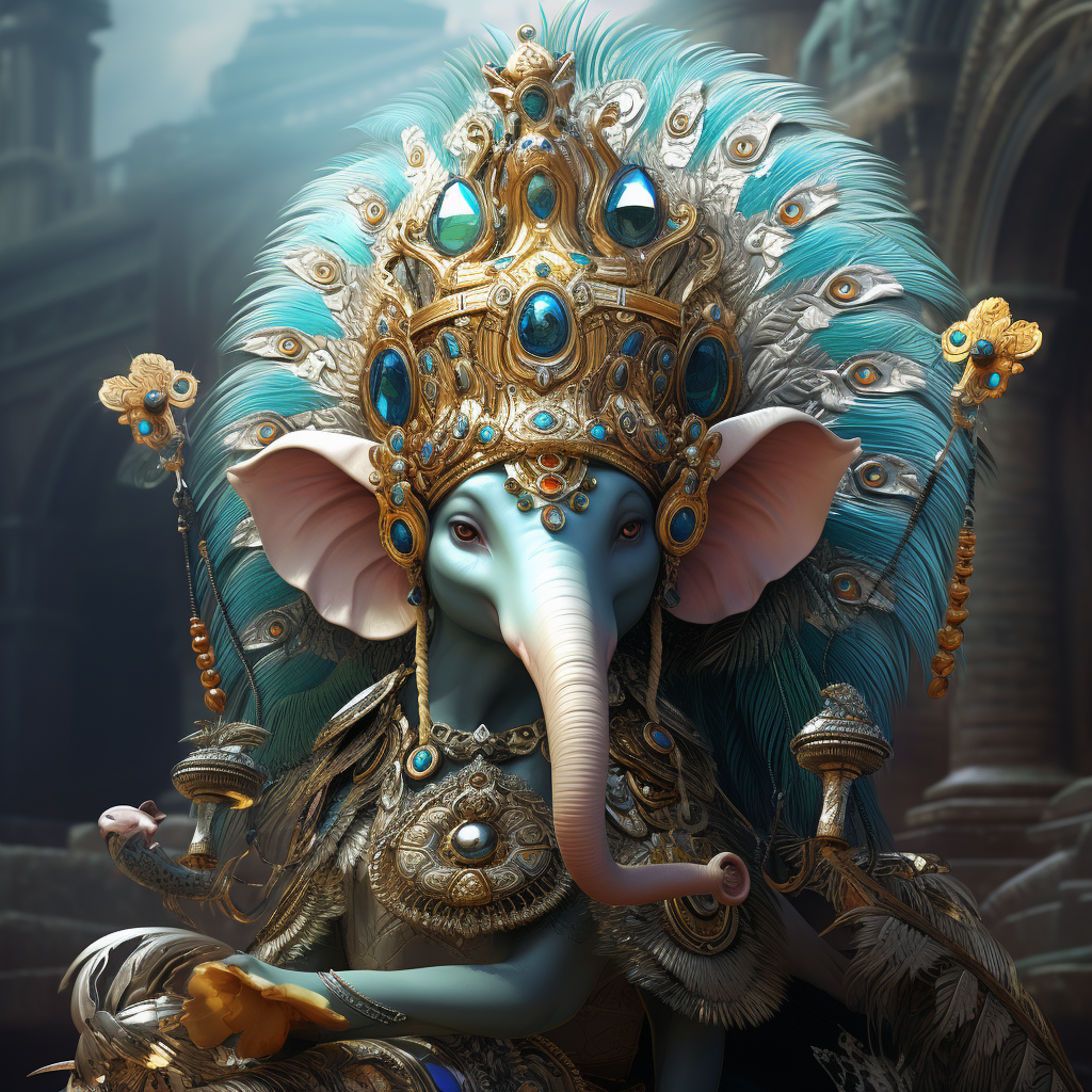 Decorated mouse with gold saddle on Lord Ganesha's back