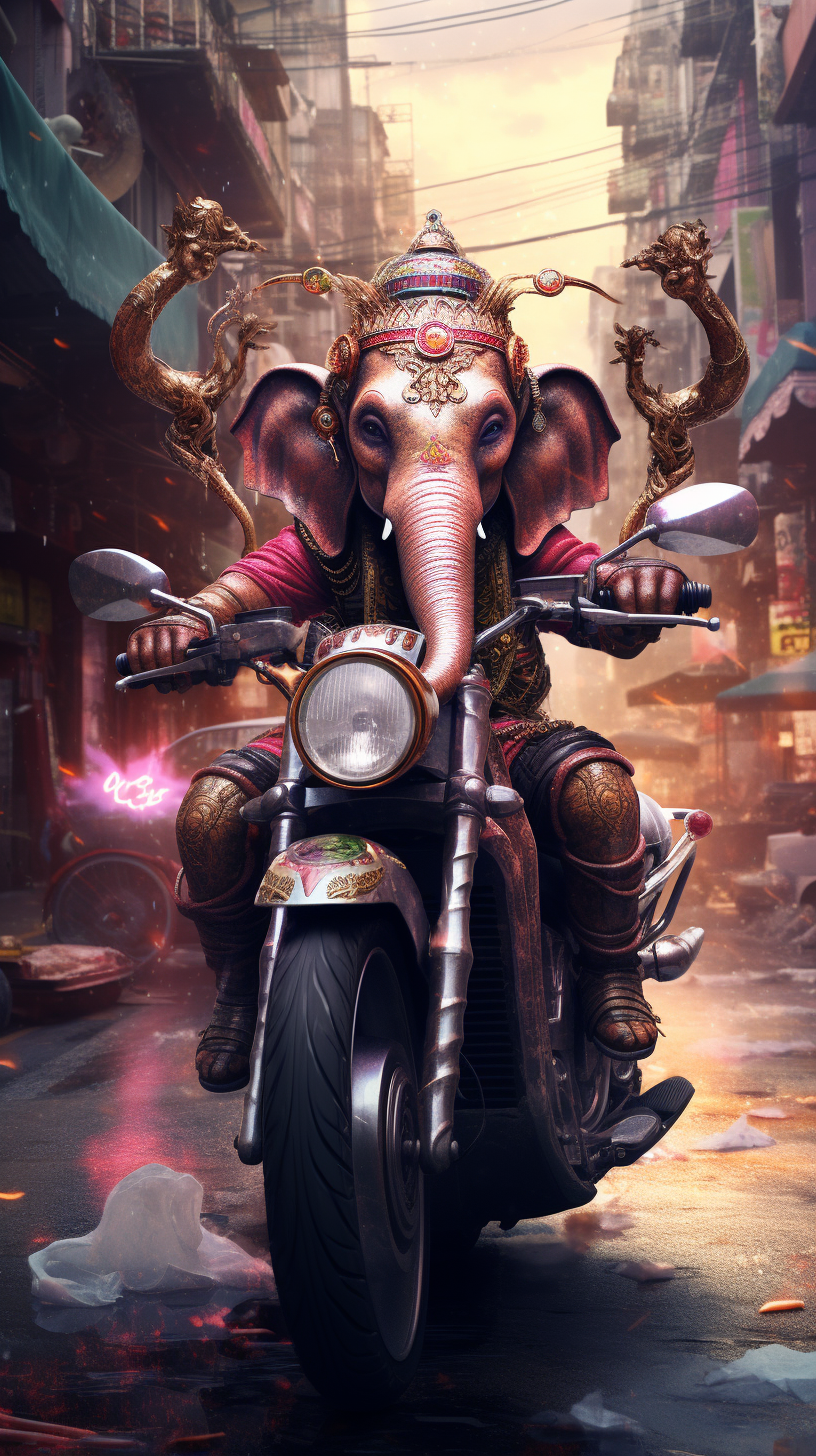 Realistic depiction of Lord Ganesh riding a motorcycle