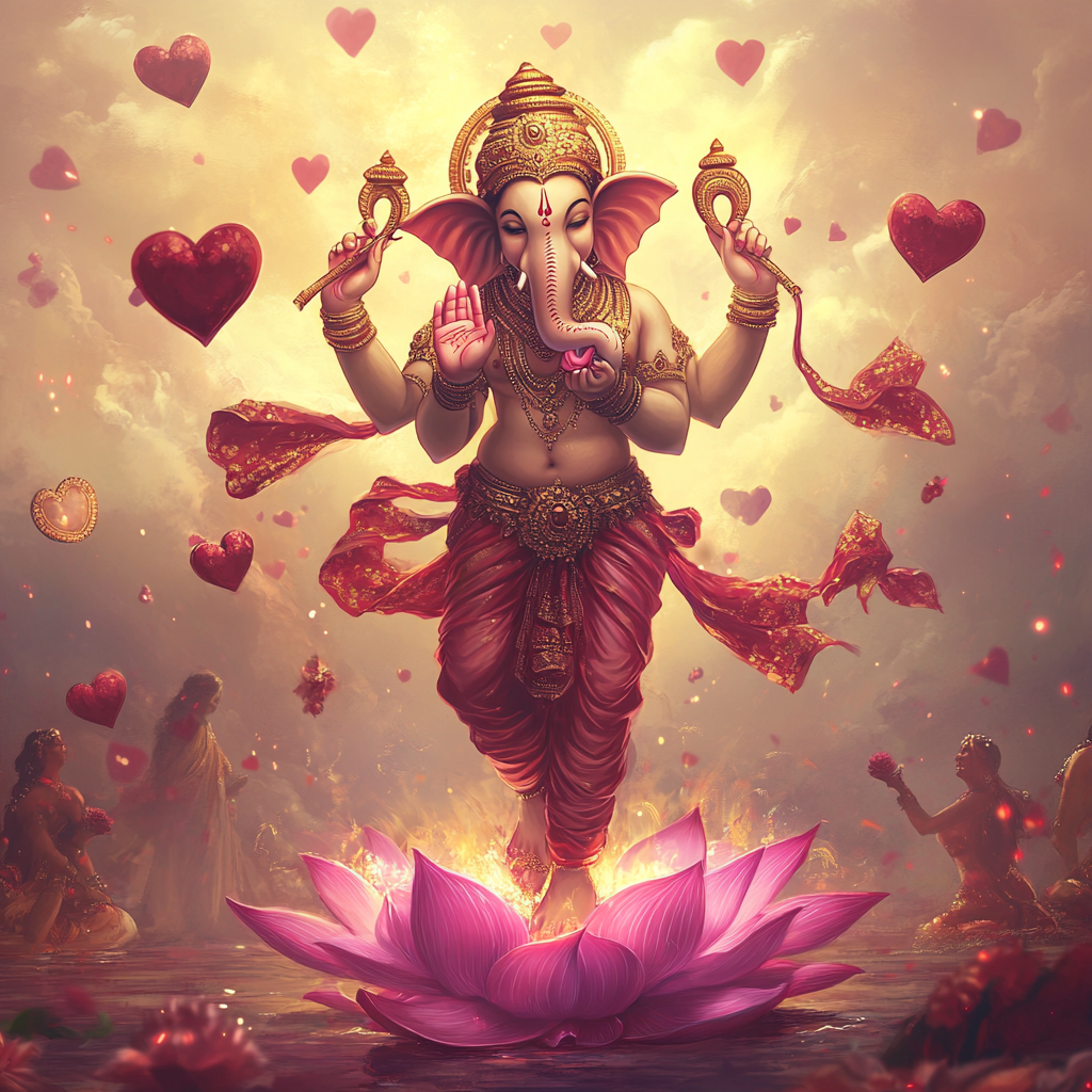 Ganesha Dancing Lotus Flowers Scene