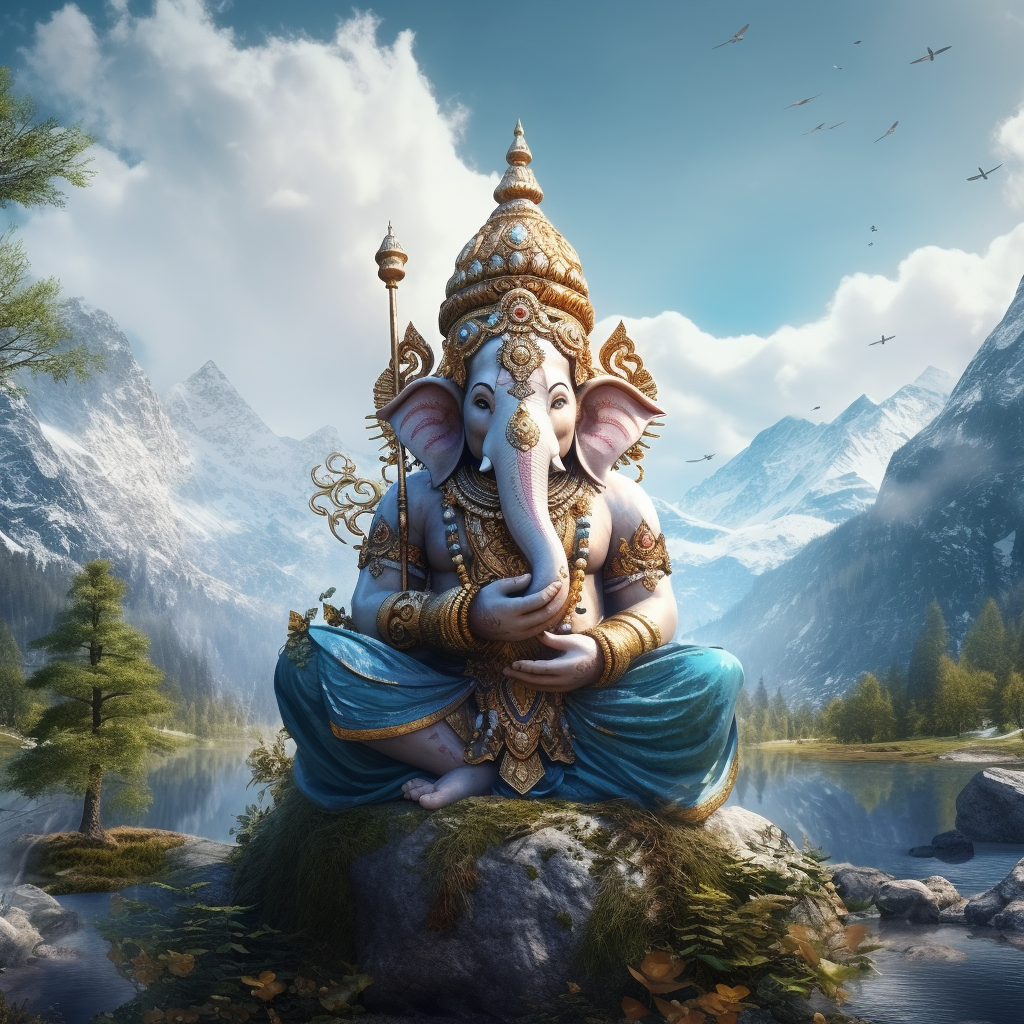 Ganesha with Peacock and Mouse near Mountains and River