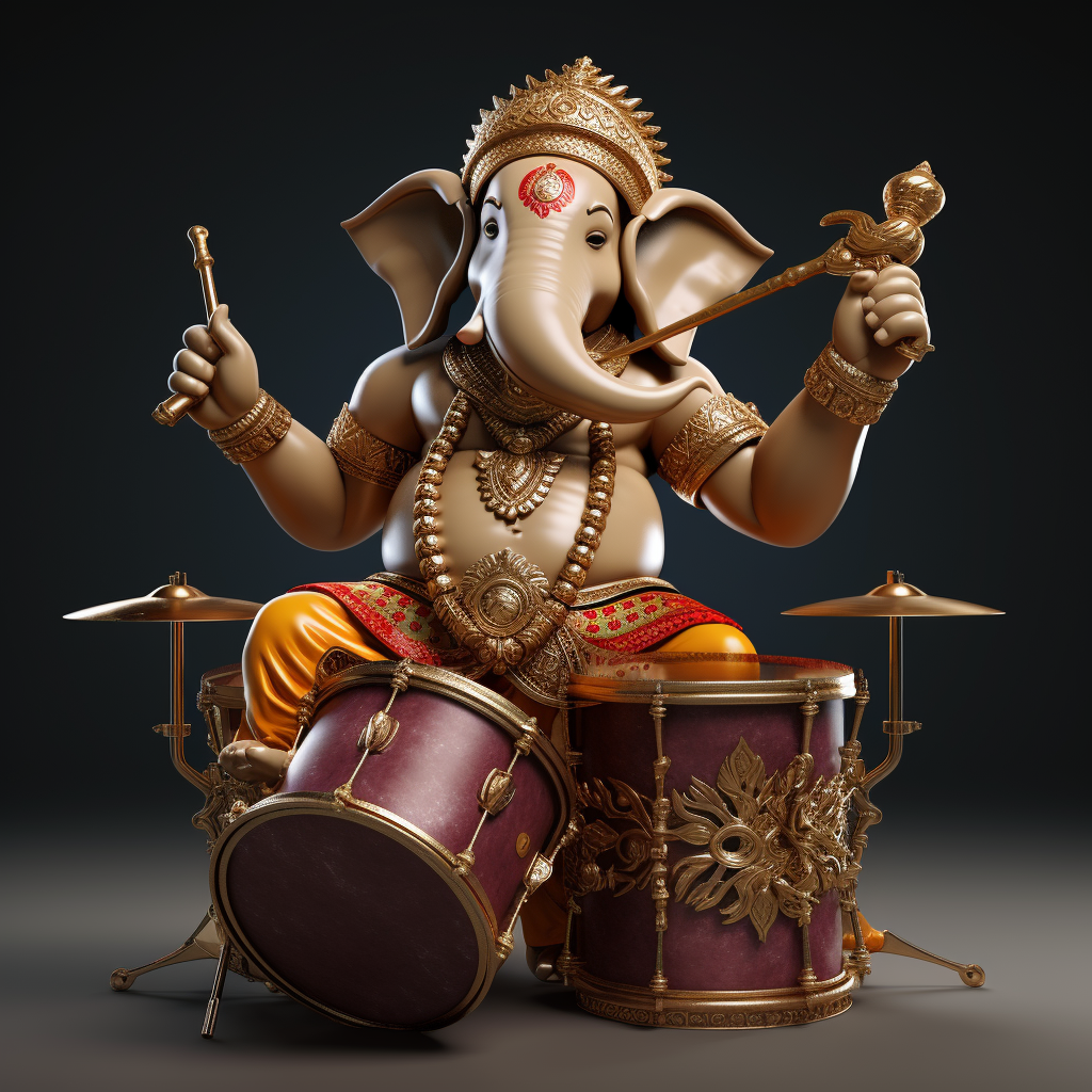 Detailed image of Hindu God Ganesha playing rock drums