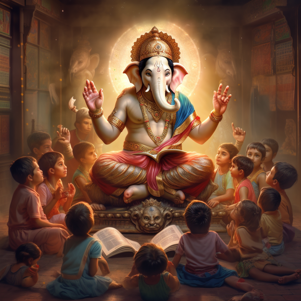 Lord Ganesha teaching students in school