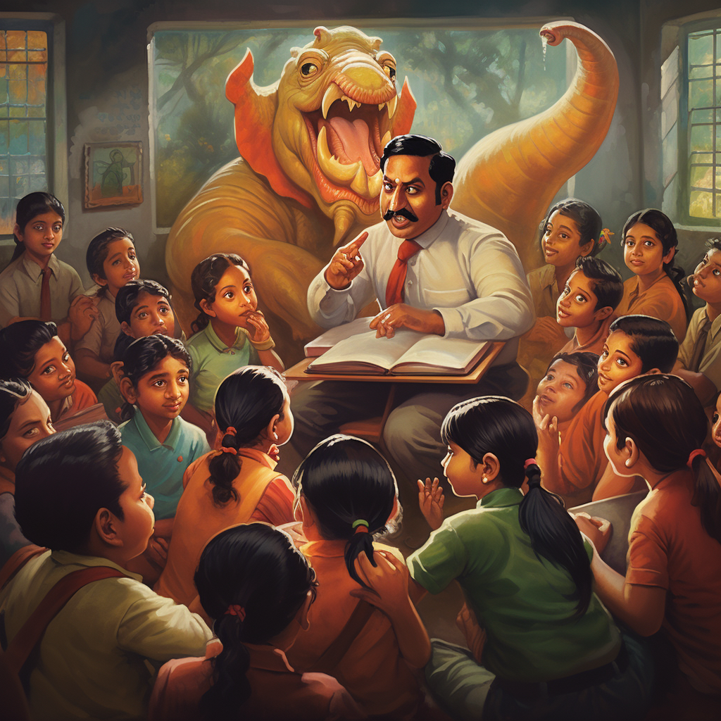 Ganesha teaching students in modern school