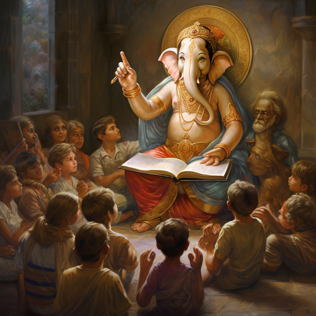 Ganesha teaching students with wisdom